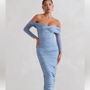 NEVA ICE BLUE BARDOT TWIST MIDI DRESS